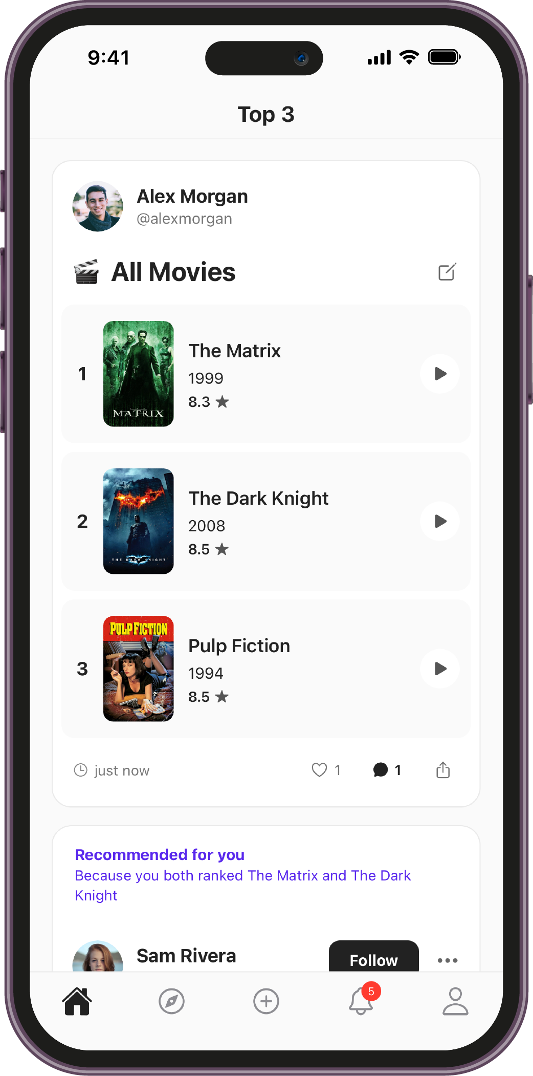 Top 3 app showing a ranked list of favourite movies